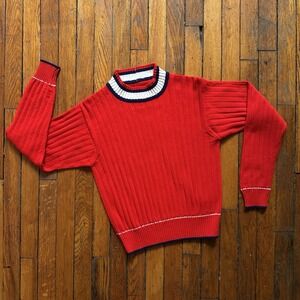 Vtg 70s Cheerleader Red White Acrylic Sweater Size S Retro Stripe College Preppy